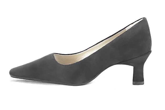 Dark grey women's dress pumps,with a square neckline. Tapered toe. Medium spool heels. Profile view - Florence KOOIJMAN